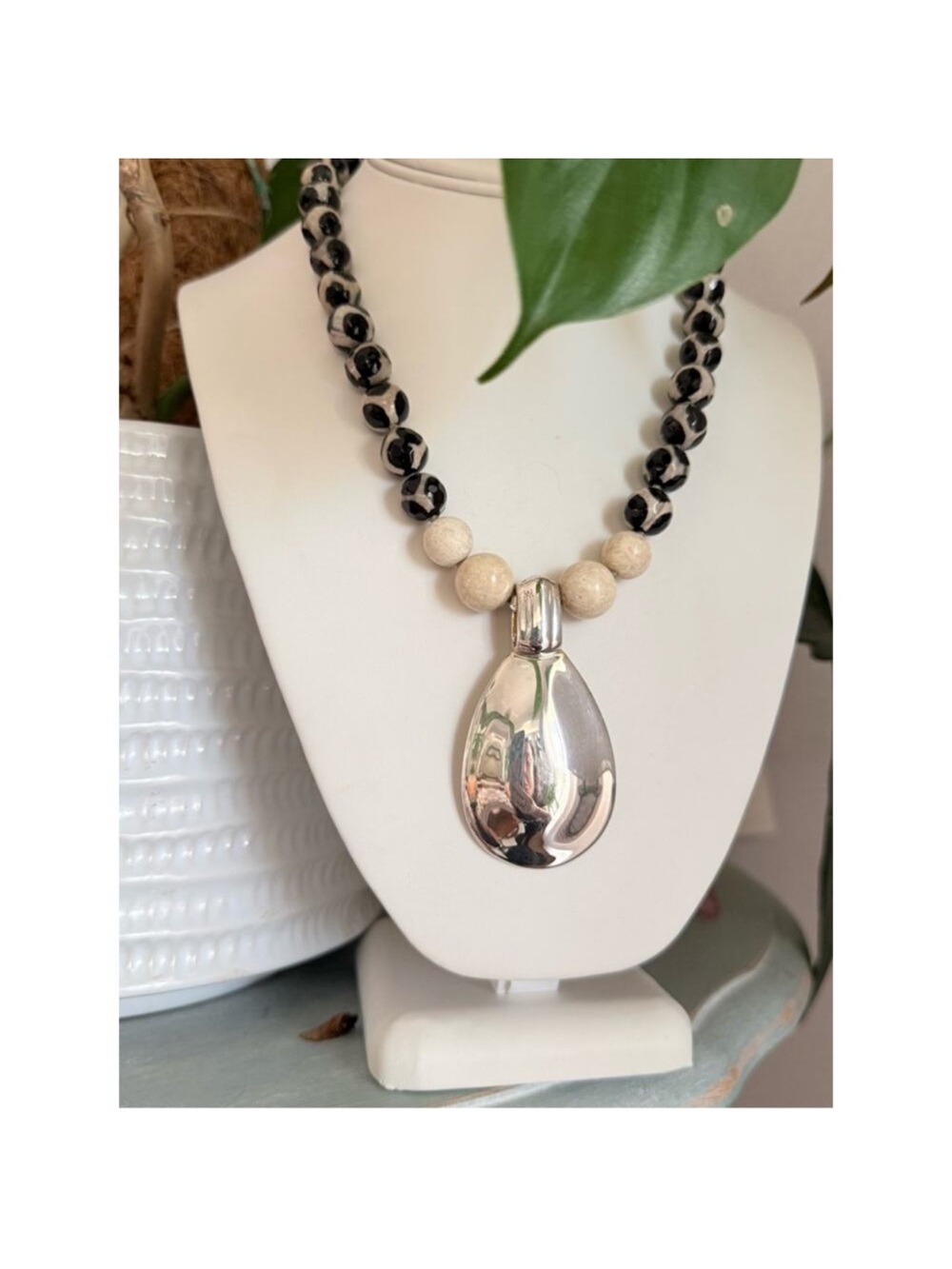 Simon Sebbag Black and Cream Beaded Necklace with Silver Teardrop Pendant